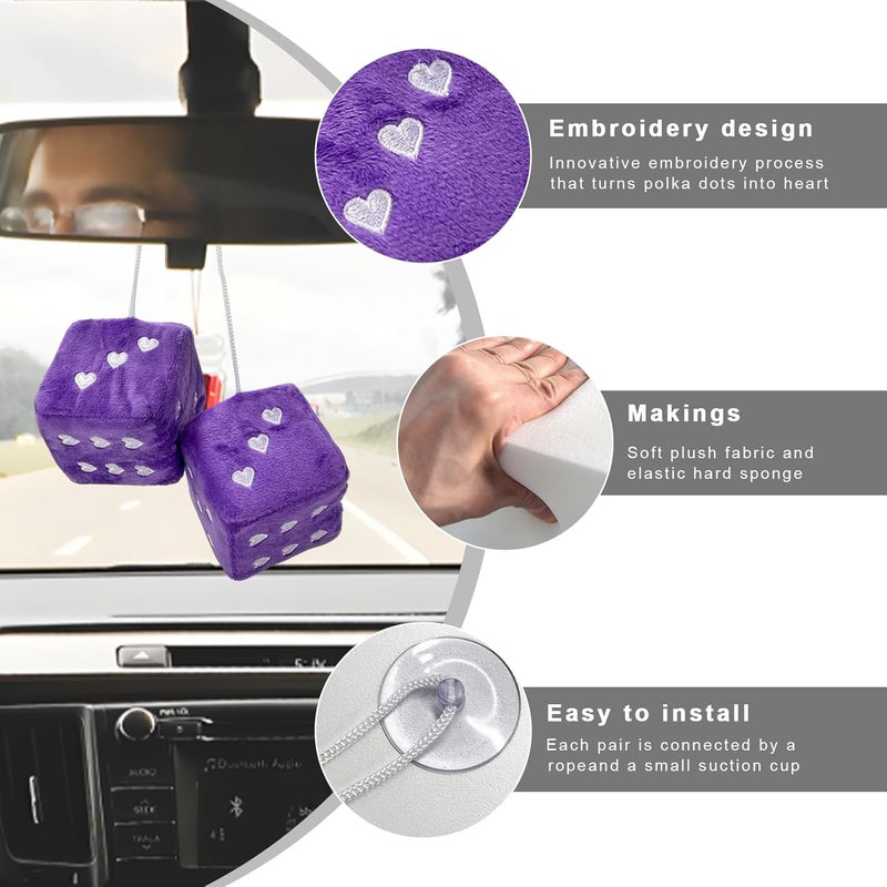 ZNDAW 2 PCS Fuzzy Plush Dice for Car Mirror, 2.75" Retro Square Heart Shape Car Rearview Mirror Cute Decor, Fluffy Dice Vehicle Hanging Ornament Decoration Interior for Women (Purple) - Image 3